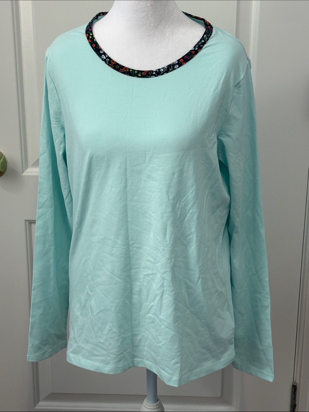 Lands' End 100% Cotton Sea Foam Long-Sleeve Top with Navy Floral Trim